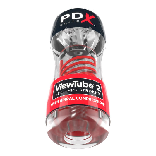 PDX Elite Viewtube 2. Studio photo of the clear stroker on a white background, another angle.