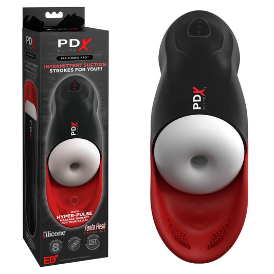 PDX Elite Fap-O-Matic Pro. The red stroker shown with its retail packaging on white, another angle.
