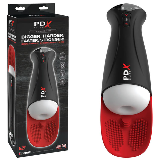 PDX Elite Fap-O-Matic Pro XL. The white stroker shown with its retail packaging on white, tighter crop.