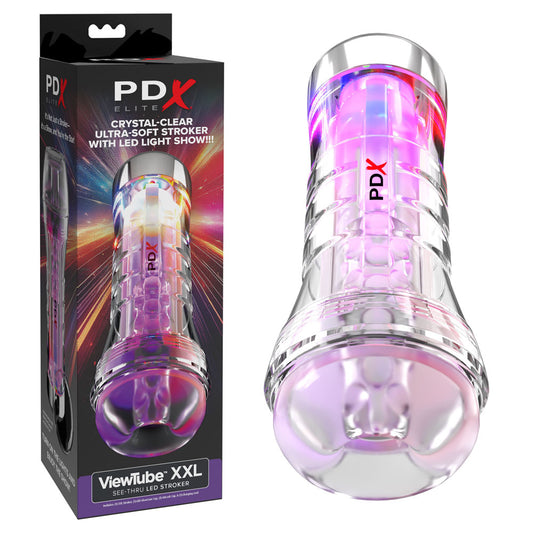 PDX Elite ViewTube XXL LED Stroker. Close-up of the clear stroker on a white background.