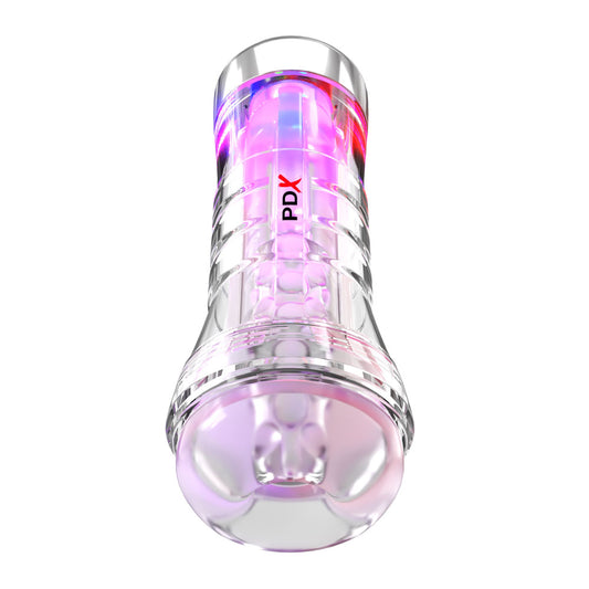 PDX Elite ViewTube XXL LED Stroker. Full view of the clear stroker on a white background, wider framing.