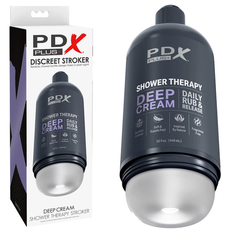 PDX Plus Shower Therapy - Deep Cream - Frosted - Clear Discreet Stroker with Suction Base - Image 1
