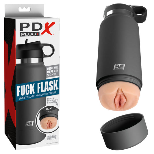 PDX Plus Fuck Flask. The flesh stroker shown with its retail packaging on white, another angle.