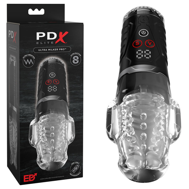 PDX Elite Ultra Milker Pro - Clear USB Rechargeable Vibrating & Sucking Auto Stroker