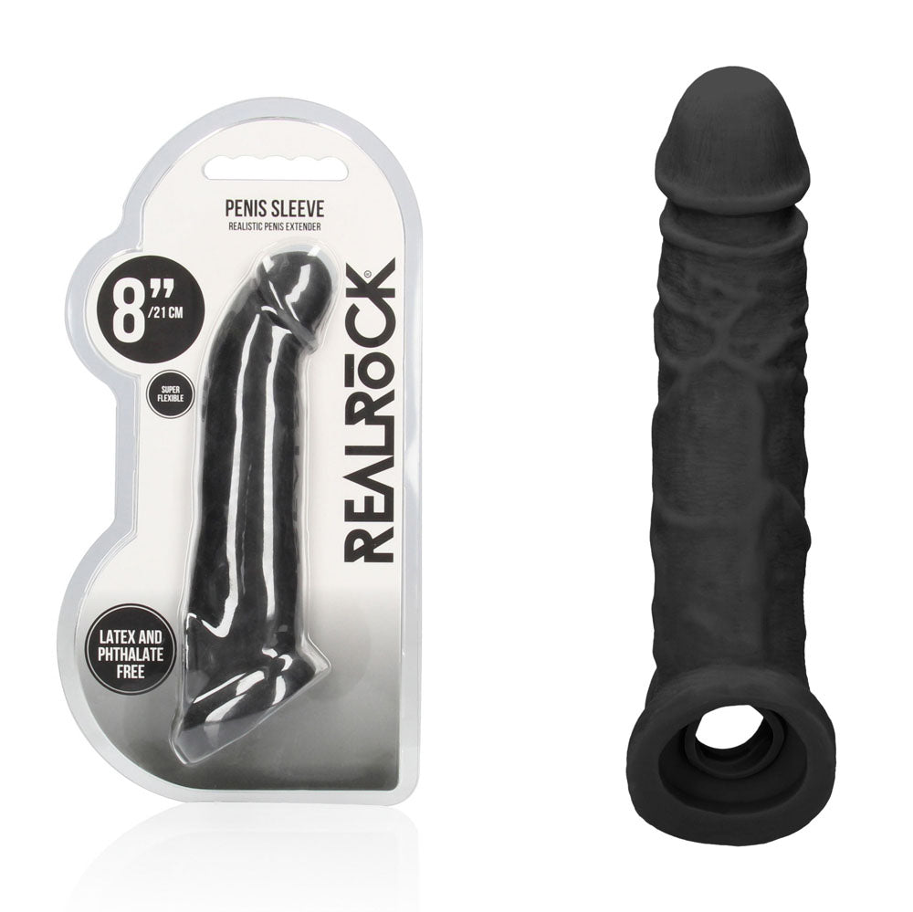 REALROCK 8'' Realistic Penis Extender with Rings 20.3 cm Penis Extension Sleeve - Black