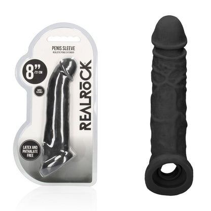 REALROCK 8'' Realistic Penis Extender with Rings 20.3 cm Penis Extension Sleeve - Black