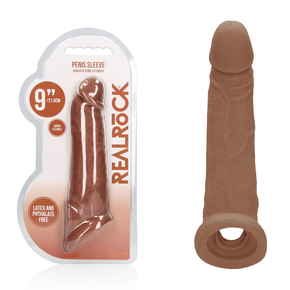 REALROCK 9'' Realistic Penis Extender with Rings 22.9 cm Penis Extension Sleeve - Tan