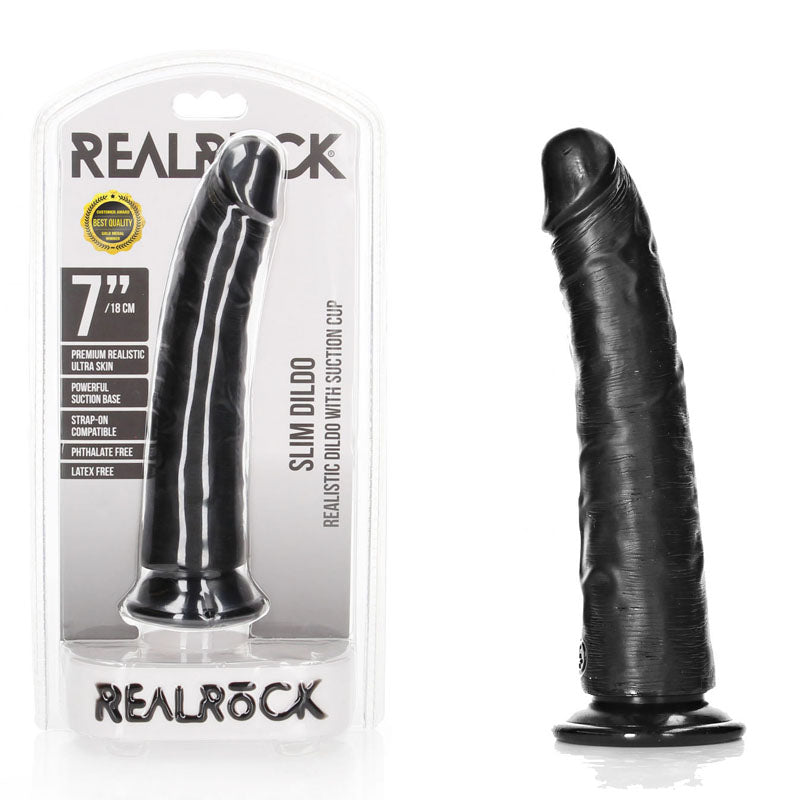 REALROCK Realistic Slim Dildo with Suction Cup - 18cm 18 cm (7'') Dong - Black