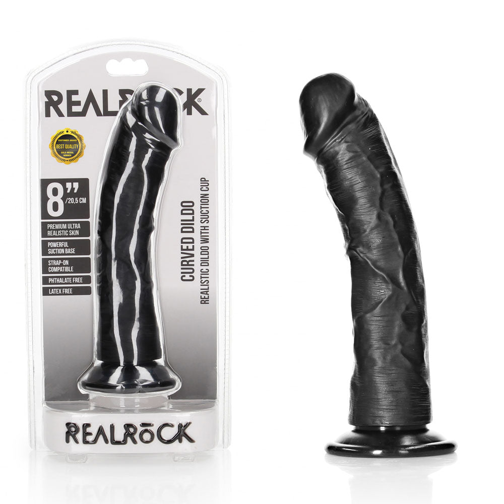 REALROCK Realistic Regular Curved Dildo with Suction Cup - 20 cm 20 cm (8'') Dong - Black