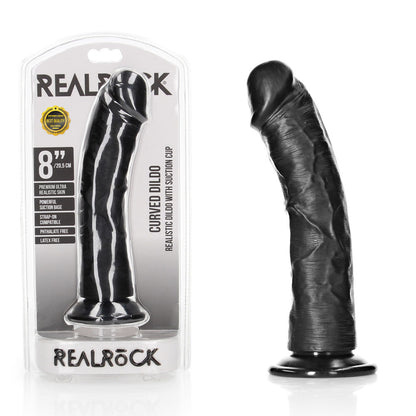 REALROCK Realistic Regular Curved Dildo with Suction Cup - 20 cm 20 cm (8'') Dong - Black