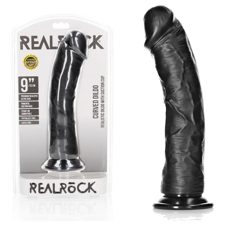 REALROCK Realistic Regular Curved Dildo with Suction Cup - 23 cm 23 cm (9'') Dong - Black