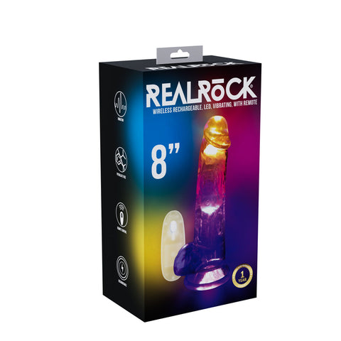 REALROCK 8'' with Balls Wireless Rechargeable LED Vibrating Dong - Clear with LED 22.5 cm USB Rechargeable Vibrating Dong with Remote - Image 1