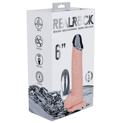 REALROCK Metal Head 6'' Rechargeable Dildo 16.2 cm USB Rechargeable Vibrating Dildo with Metal Head and Wireless Remote