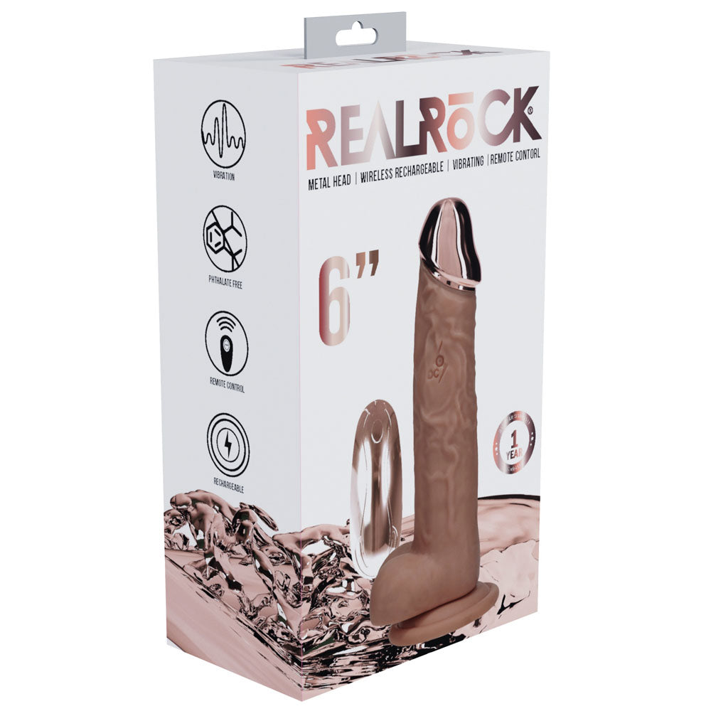 REALROCK Metal Head 6'' Rechargeable Dildo - Tan 16.2 cm USB Rechargeable Vibrating Dildo with Metal Head and Wireless Remote