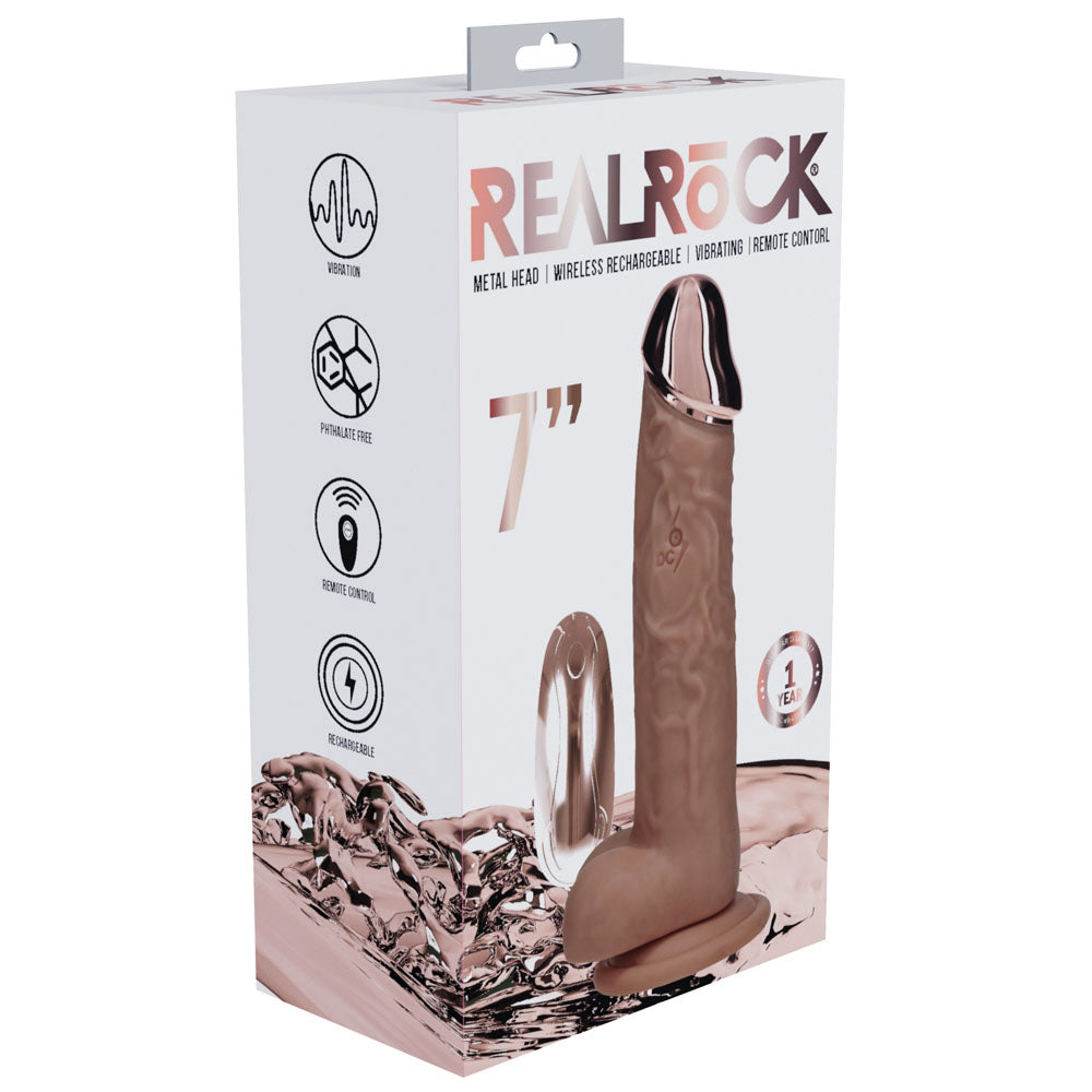 REALROCK Metal Head 7'' Rechargeable Dildo - Tan 19 cm USB Rechargeable Vibrating Dildo with Metal Head and Wireless Remote
