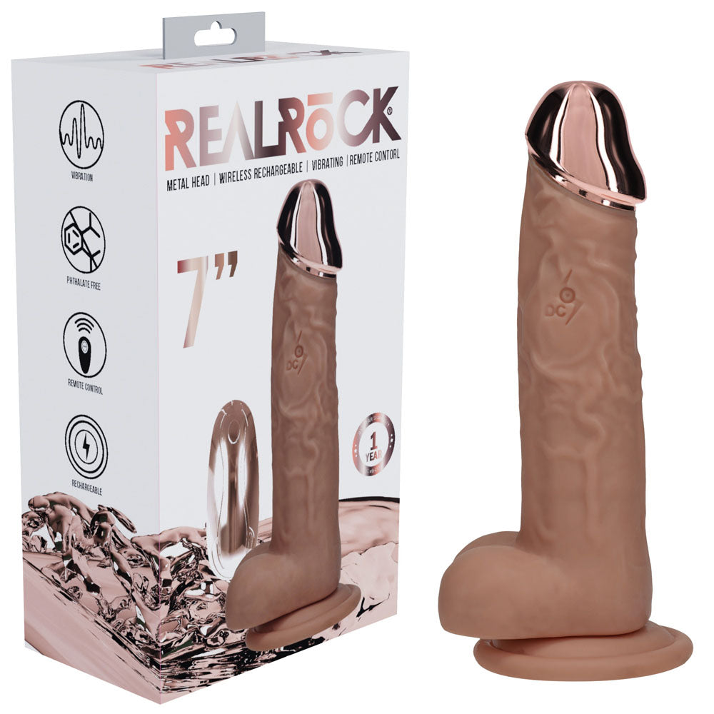 REALROCK Metal Head 7'' Rechargeable Dildo 19 cm USB Rechargeable Vibrating Dildo with Metal Head and Wireless Remote - Tan