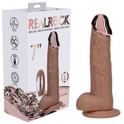 REALROCK Metal Head 7'' Rechargeable Dildo 19 cm USB Rechargeable Vibrating Dildo with Metal Head and Wireless Remote - Tan
