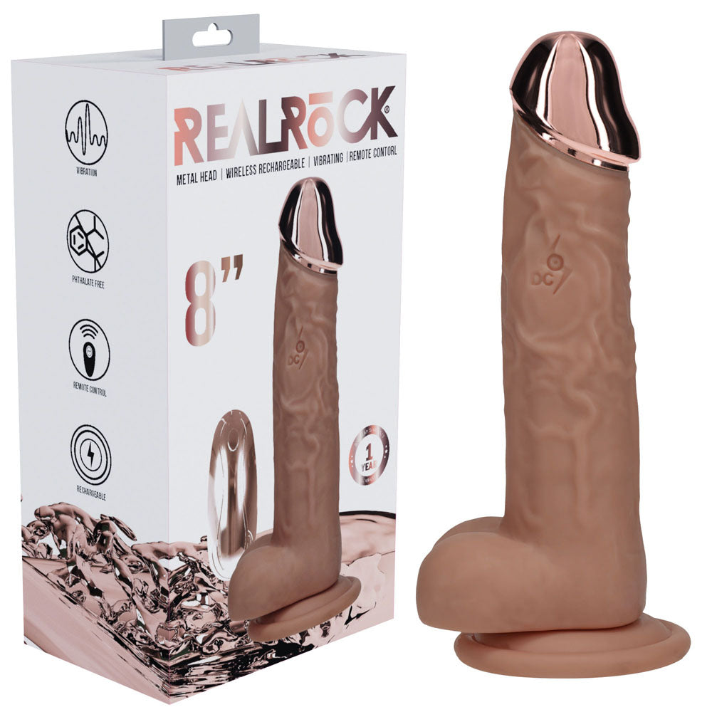 REALROCK Metal Head 8'' Rechargeable Dildo 22 cm USB Rechargeable Vibrating Dildo with Metal Head and Wireless Remote - Tan