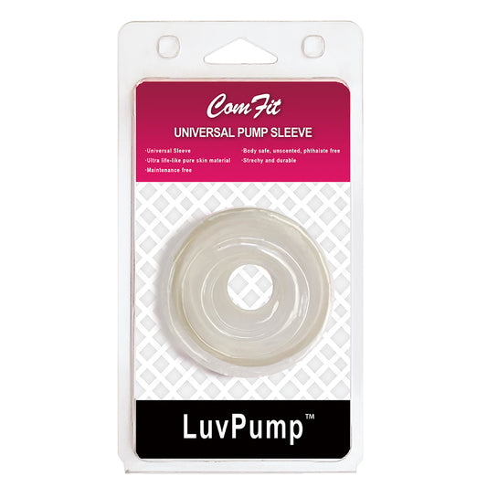 LuvPump ComFit Silicone Sleeve. Studio photo of the white sleeve on a white background.