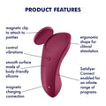 Red clitoral stimulator with labeled features on a white background