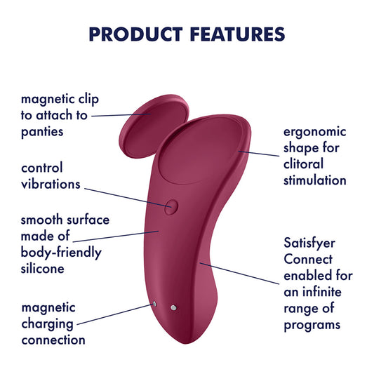 Red clitoral stimulator with labeled features on a white background