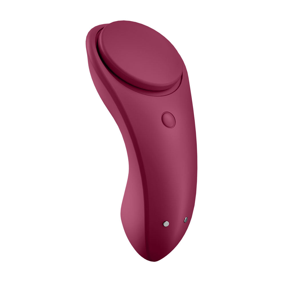 Maroon handheld electronic device on a white background