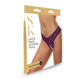 Secret Kisses Lace & Pearls Crotchless Thong - Purple - M/L Size - Image 2