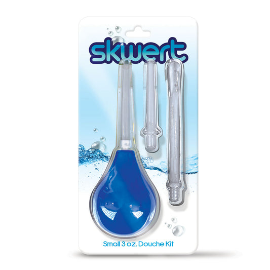 Skwert Small 3 oz Douche Kit. Studio photo of the blue product on a white background, another angle.