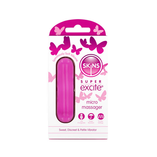 Skins Super Excite Rechargeable Pink Bullet. Full view of the bullet on a white background, wider framing.