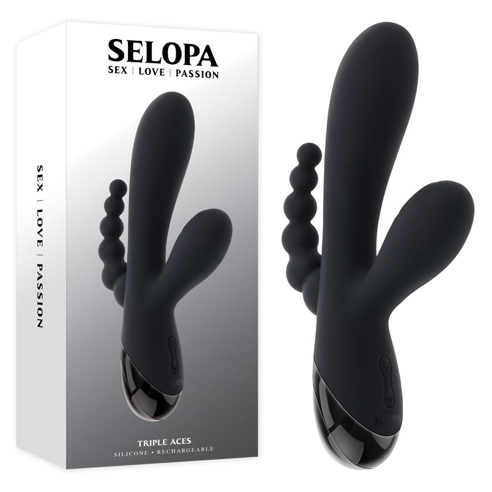 Black silicone sex toy with 'Selopa' packaging on a white background