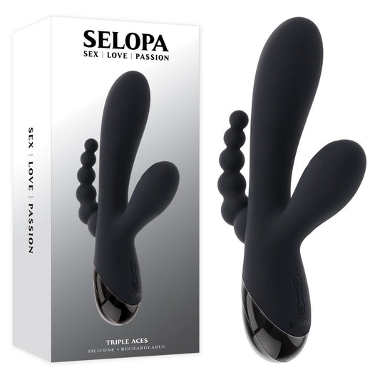 Black silicone sex toy with 'Selopa' packaging on a white background