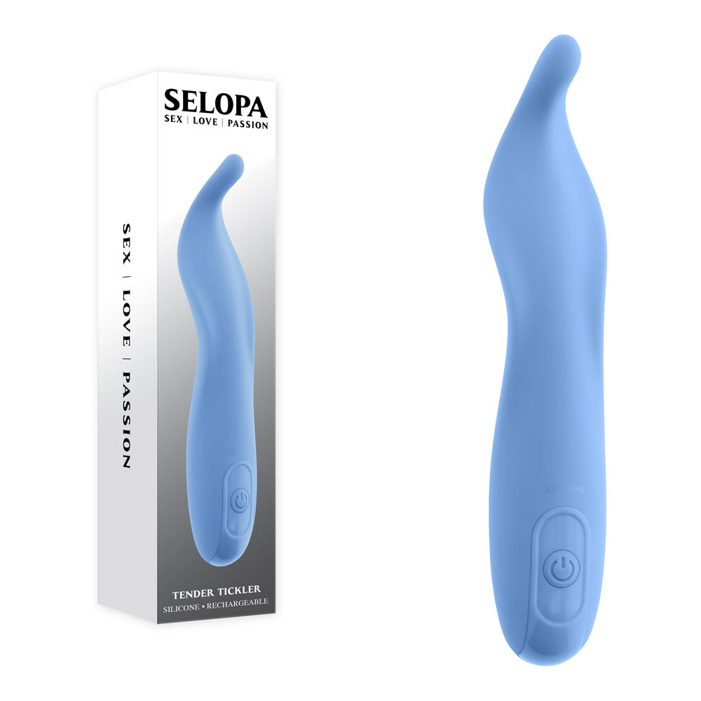 Blue silicone tickler with packaging displaying 'SELOPA' on a white background