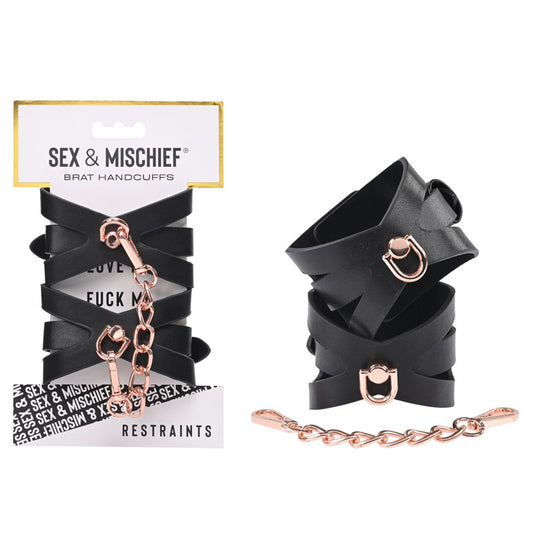 Sex & Mischief Brat Handcuffs. Studio photo of the black product on a white background, another angle.