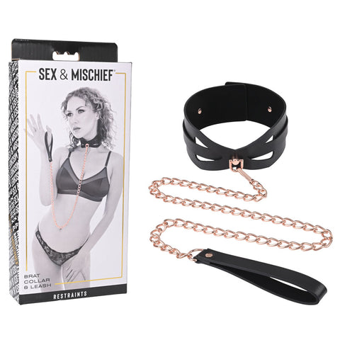 Sex & Mischief Brat Collar & Leash - Rose Gold/Black Restraint - Image 1