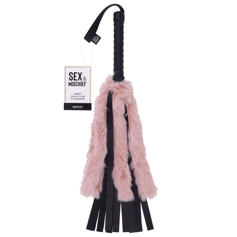 Sex & Mischief Brat Faux Fur Flogger - Black 50 cm Whip with Pink Faux Feather - Image 1