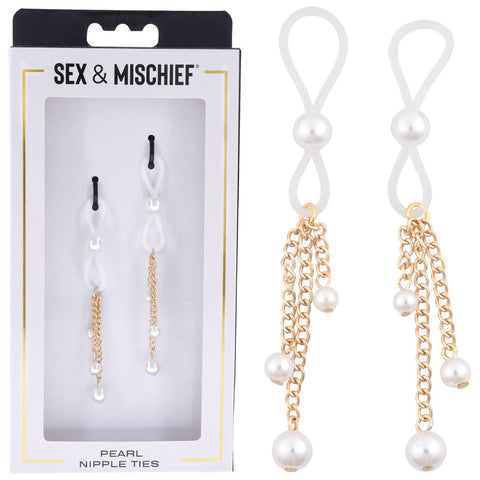 Sex & Mischief Pearl Nipple Ties - Gold/Pearl Nipple Restraints - Set of 2 - Image 1