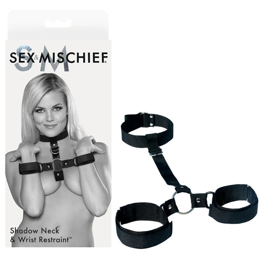 Sex & Mischief Shadow Neck and Wrist Restraint. Studio photo of the black restraint on a white background, another angle.