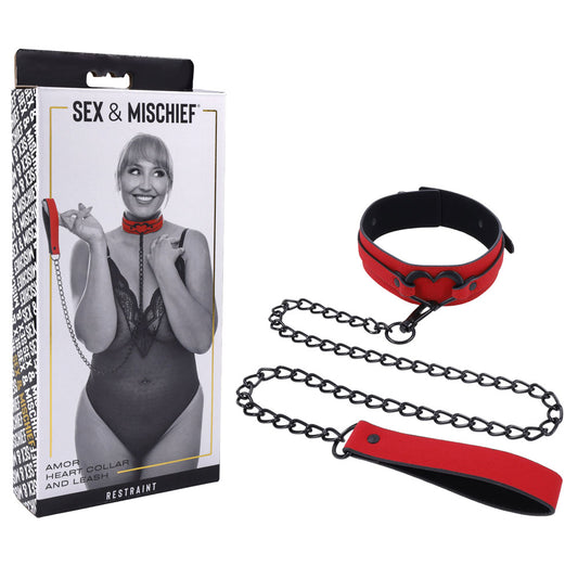 Sex & Mischief Amor Collar and Leash. Studio photo of the red restraint on a white background, another angle.