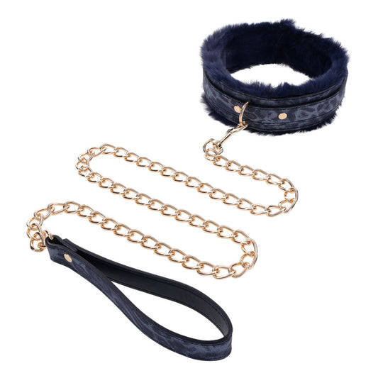 Sex & Mischief Cougar Fur Collar & Leash. Full view of the blue restraint on a white background, wider framing.