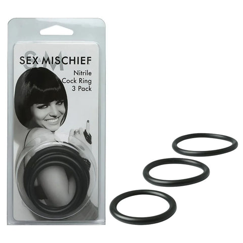 Sex & Mischief Nitrile Cock Ring 3 Pack - Black Cock Rings - Set of 3 Sizes - Image 1