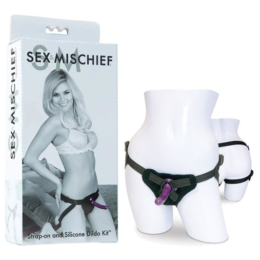 Sex & Mischief Strap-On & Silicone Dildo Kit. Studio photo of the black dildo on a white background, another angle.