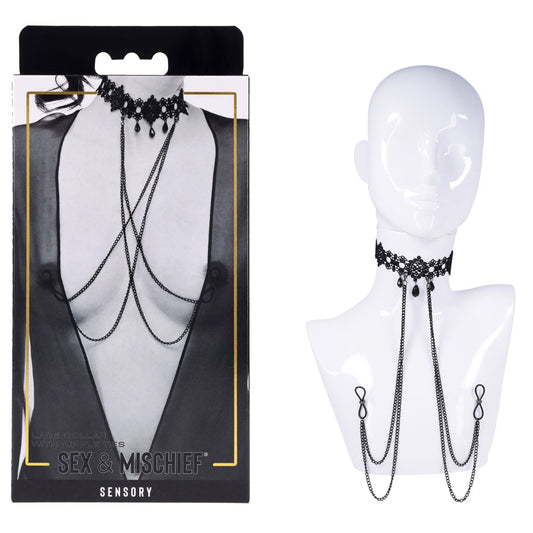Sex & Mischief Lace Collar with Nipple Ties. Close-up of the black product on a white background.