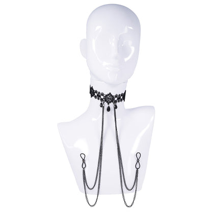 Sex & Mischief Lace Collar with Nipple Ties - Black Neck and Nipple Restraints