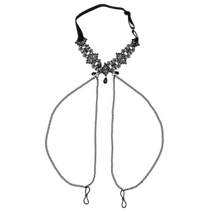 Sex & Mischief Lace Collar with Nipple Ties - Black Neck and Nipple Restraints