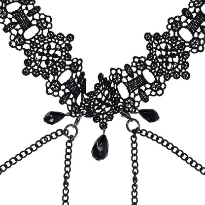 Sex & Mischief Lace Collar with Nipple Ties - Black Neck and Nipple Restraints