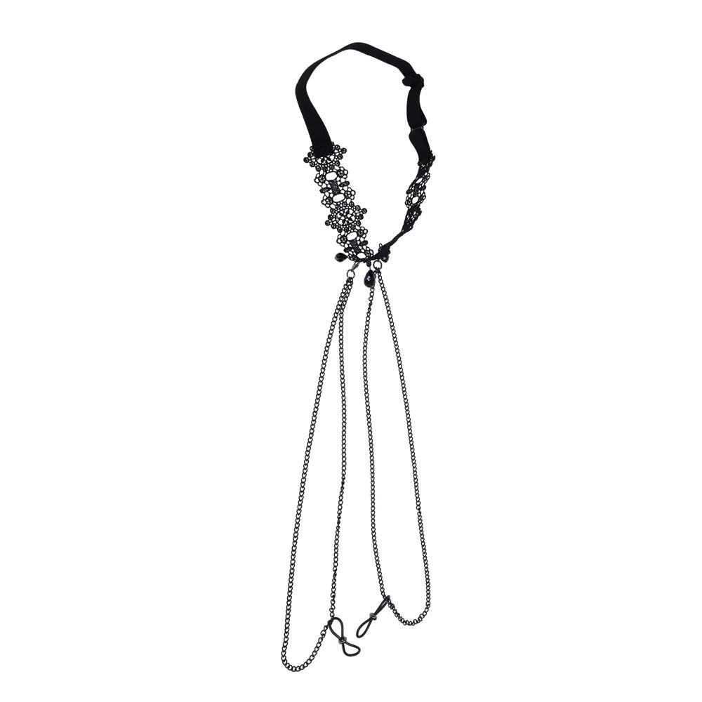 Sex & Mischief Lace Collar with Nipple Ties - Black Neck and Nipple Restraints