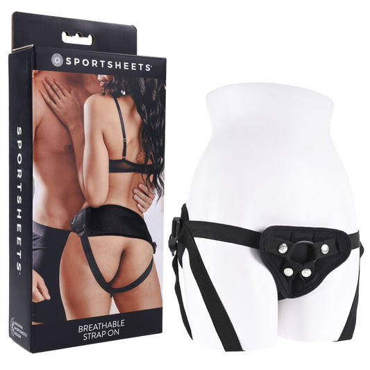 SPORTSHEETS Breathable Strap On. The black harness shown with its retail packaging on white, another angle.