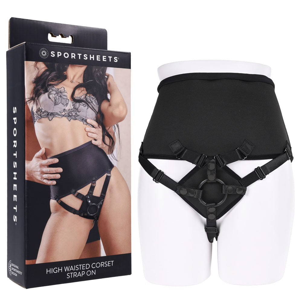 SPORTSHEETS High Waisted Corset Strap On - Black Adjustable Strap-On