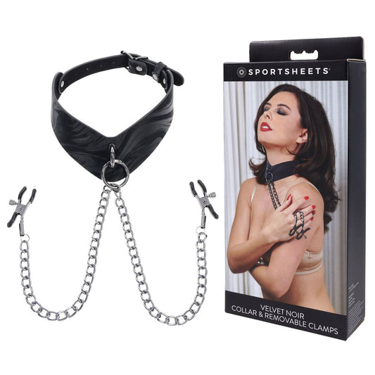 SPORTSHEETS Velvet Noir Collar & Removable Clamps - Black Neck &