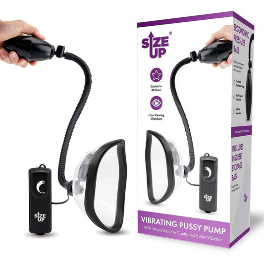 Size Up Vibrating Pussy Pump. Studio photo of the clear product on a white background.